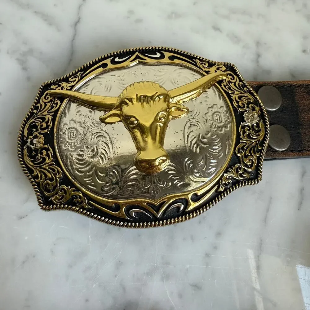 Longhorn Western Buckle Italian Vera Pelle Leather Belt XL 39-42